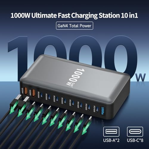 Famous Tech Shop 1000W GaN 10-Port USB-C Charging Station with 240W Cable, Fast Desktop Charger for Laptops, Tablets, Phones, Gaming Consoles