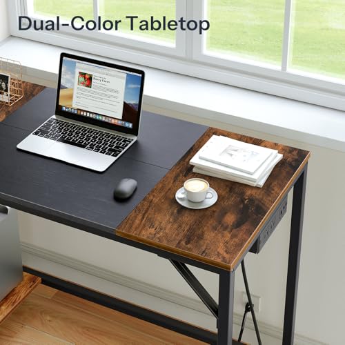 HOOBRO Small Computer Desk, 35.4 Inch Home Office Desk with Power Outlet, Writing Desk with 2 Shelves, Modern Small Desk for Home Office, Study, Easy to Assemble, Rustic Brown and Black BF43UDN01 - color: Rustic Brown + Black