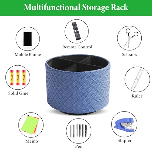 Round Leather Art Supply Organizer,Remote Control Holder,360 Degree Spinning,Multi-Functional Pencil Holder,4 Compartments Desktop Stationary Organizer(1-Weave Blue) - color: 1-Weave Blue