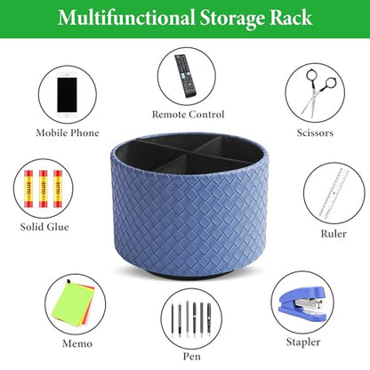 Round Leather Art Supply Organizer,Remote Control Holder,360 Degree Spinning,Multi-Functional Pencil Holder,4 Compartments Desktop Stationary Organizer(1-Weave Blue) - color: 1-Weave Blue