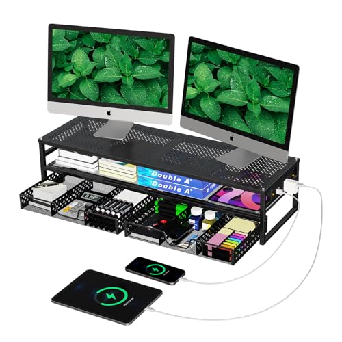 Simple Trending 2-Tier Metal Dual Monitor Stand with USB & 2 Drawers, Black | 32"W x 10"D x 7"H. USB 2.0 + charging port. 2 drawers. Mesh cooling vents. Holds 100 lbs. Non-slip base. Cable ties included.