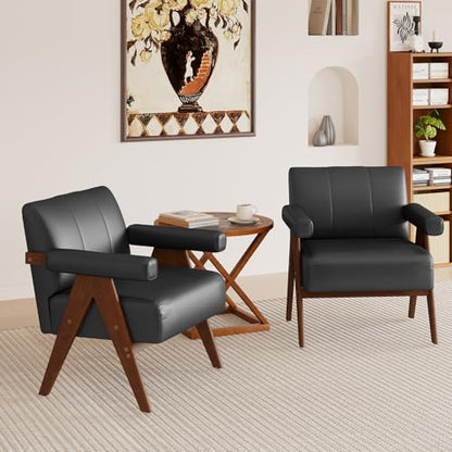 JIASTING Mid Century Modern Accent Chair Set of 2, Black Leather Armchair | JIASTING, Small, Comfy, Wood Arms, Living Room Bedroom, Office - color: Black