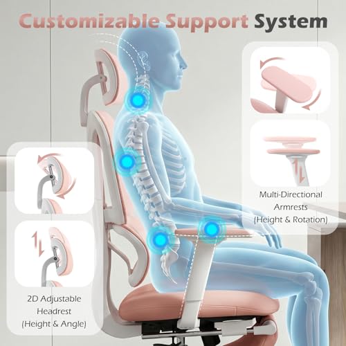 Ergonomic Office Chair with Footrest and Dynamic Lumbar Support, Pink | Reclining high-back computer chair, memory foam seat, 2D armrests, 2D headrest, mesh desk chair for home office, long hours - color: Pink
