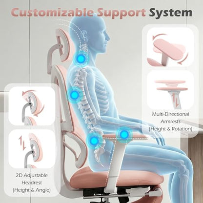 Ergonomic Office Chair with Footrest and Dynamic Lumbar Support, Pink | Reclining high-back computer chair, memory foam seat, 2D armrests, 2D headrest, mesh desk chair for home office, long hours - color: Pink