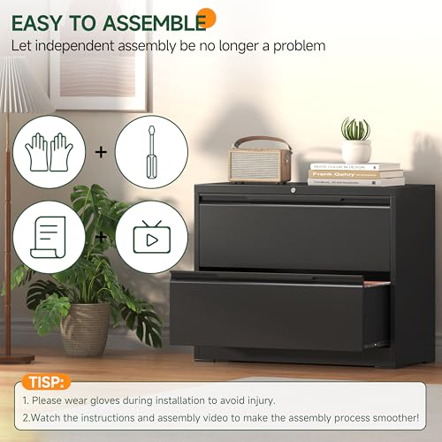 Lateral File Cabinet 2 Drawer, Metal File Cabinet with Lock - color: Black, size: 2 Drawer - Lateral
