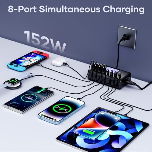 152W Charging Station, 8-Port Desktop USB-C & USB-A Charger Hub, 20W 4xUSB-C & 18W 4xUSB-A, Compatible With iPhone 15/14/13 Pro/Max, iPad, Samsung Galaxy Note S23 - color: 152W-Black