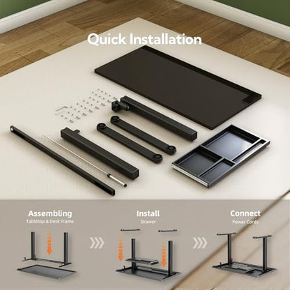 INNOVAR Glass Standing Desk with Drawers, 40 x 24 Inches Electric Height Adjustable Desk, Tempered Glass Top Stand Up Desks for Home and Office, Black - color: Black, size: 40 inch