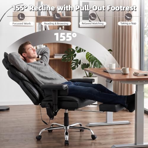 6 Points Massage Heated Home Office Chair with Foot Rest, Black - color: Black