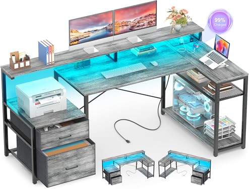 Aheaplus L Shaped Desk with File Drawer, Reversible L Shaped Gaming Desk | Computer Desk with Power Outlet & LED Strip, Home Office Desk Corner Desk with Monitor Shelf, Storage Shelves, White Oak - color: White Oak