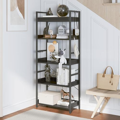 HCHQHS 5 Tier Bookshelf, Adjustable Industrial Bookcase, Vertical Tall Book Shelf, Wood and Black Metal Open Bookshelves for Home Office, Living Room, Bedroom - color: Black, size: 5-Tier (24"W x 57"H)