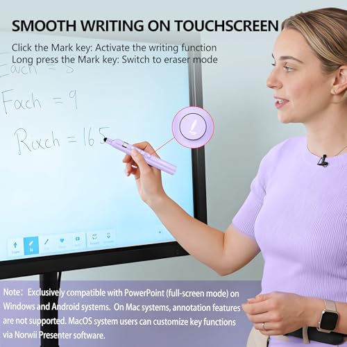 N21 Bluetooth Presentation Clicker for PowerPoint with Retractable Pointer | ①Laser Pointer②Telescopic touch pen③Countdown timer, vibration alert ④Customizable Button ⑤Rechargeable;battery level display - color: Purple - Green Pointer