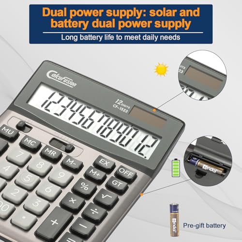 Desktop Calculator 12 Digit with Large LCD Display Big Buttons Basic Standard Function Solar Calculator with Battery Desk Calculators for Office School Home CF-1523