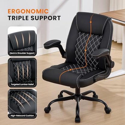 Executive Office Chair with Lumbar Support & Flip-up Arms, Black | Ergonomic Desk Chair, 90–115° Tilt & Rocking, 20.1" Wide Seat, PU Leather, for Home Offices & Conference Rooms, 300Lbs - color: Black