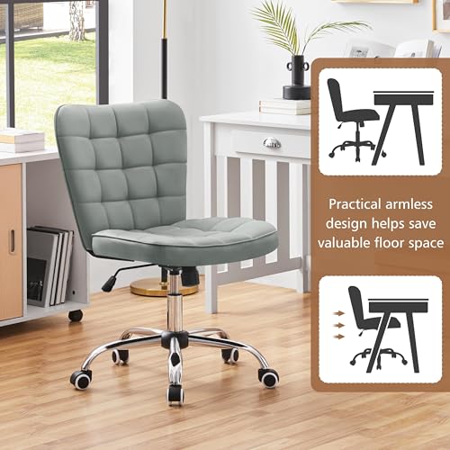 Yaheetech Light Gray Tufted Armless Desk Chair with Wheels, Faux Leather - color: Light Gray
