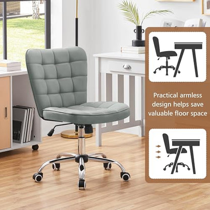 Yaheetech Light Gray Tufted Armless Desk Chair with Wheels, Faux Leather - color: Light Gray