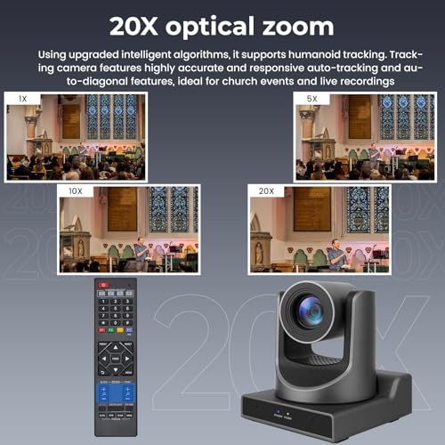 NDI PTZ Camera, 20X Optical Zoom | AI Human Tracking, 1080P 60fps, High-Speed PTZ/ 3G-SDI/ USB/ IP/ HDMI, Full NDI Live Streaming Outputs, for Church Education - color: Light Black