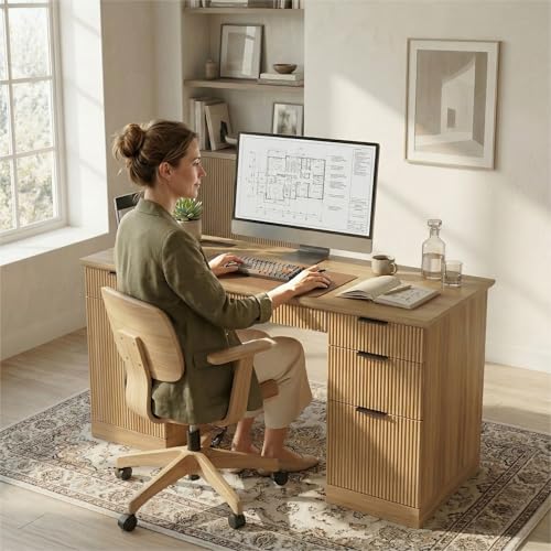 FURSUN 58" Executive Desk with Charging Station & File Drawer, Modern Fluted Home Office Desk with 5 Drawers & Keyboard Tray, Large Computer Writing Desk, Natural Oak - color: Natural Oak, size: Double-Sided Drawers