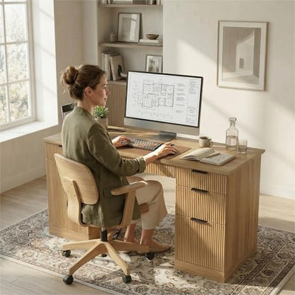 FURSUN 58" Executive Desk with Charging Station & File Drawer, Modern Fluted Home Office Desk with 5 Drawers & Keyboard Tray, Large Computer Writing Desk, Natural Oak - color: Natural Oak, size: Double-Sided Drawers