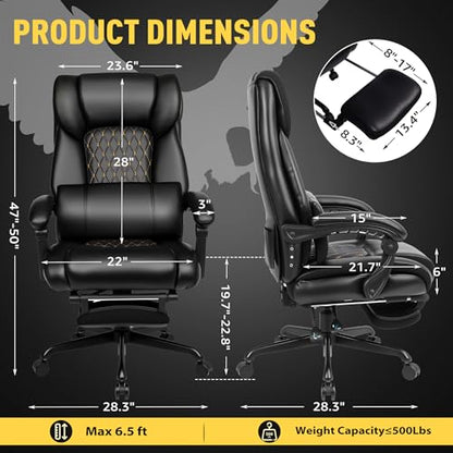 3D Kneading Massage Office Chair with Heat, 500 lbs Big and Tall Executive Computer Desk Recliner, Leather Electric Heated Chair with Footrest, Black - color: Black