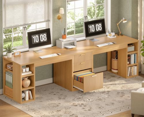 SEDETA Fluted 96.5" Computer Desk with Drawers, 2 Person Home Office Desk, Gaming Double Desk with Storage Shelves, Long Two Person Writing Desk, Natural - color: Fluted Natural