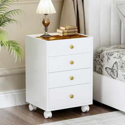 Under Desk Storage, 4 Drawer Small File Cabinet, Chest of Drawer with Glass Top, Mobile Printer Stand with Lockable Wheels for Home Office Study, White