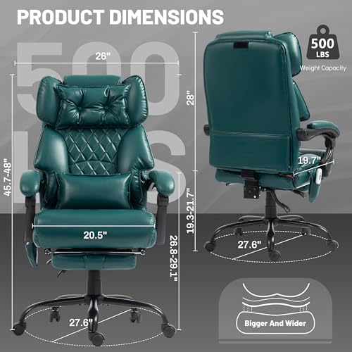 Massage Office Chair with Foot Rest,6 Points Vibration & Heat Executive Office Chairs for Heavy People,500LBS Big and Tall Office Chair,Ergonomic Reclining Desk Chair,Dual-Use Pillow,Home Office,Green - color: Green, size: 6 Point Vibration