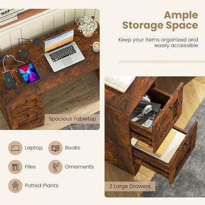 Tangkula Computer Desk with Drawers & Charging Station, Wooden Home Office Desk PC Laptop Notebook Desk, Compact Study Desk Writing Desk, Computer Workstation Ideal for Home & Office (Rustic Brown) - color: Rustic Brown