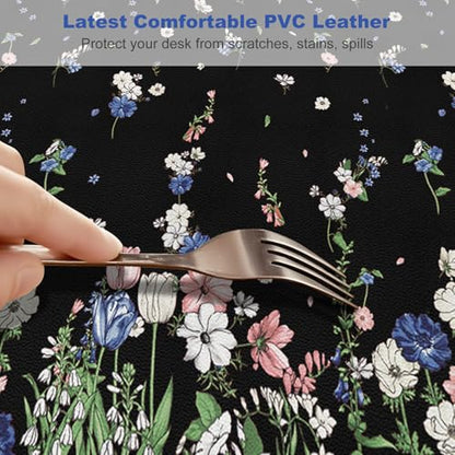DINKY Leather Desk Protector Mouse Pad, Large Keyboard Mat, Non-Slip PVC Leather Blotter, Black Laptop Pad, Waterproof Writing Pad for Office Home 35.4" x 15.7", Flower Rain - color: Black Flower Rain