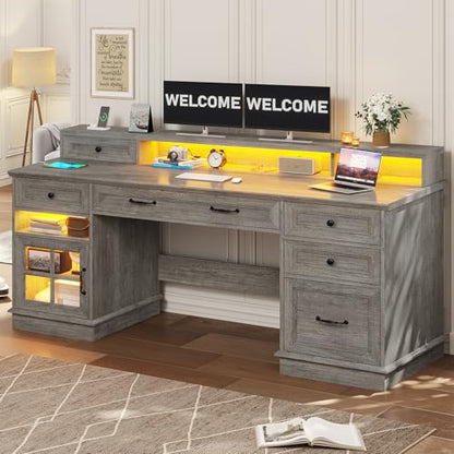 BTHFST 59.1" Executive Desk with File Drawer, Charging Station, Grey - color: Grey