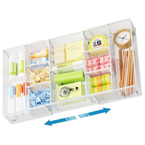 Marbrasse Expandable Desk Drawer Organizer, Mesh Drawer Organizer Tray with 10 Adjustable Compartments, Desk Organizers and Accessories for Office Supplies (Longer Expandable Drawer Organizer-W) - color: Longer Expandable Drawer Organizer-W