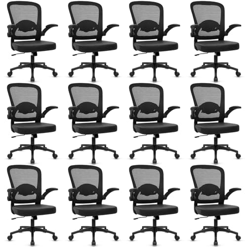 KLASIKA Desk Chairs with Wheels, Ergonomic Mesh Back PU Leather Seat Home Office Adjustable Lumbar Support and Height Swivel Rolling Computer Task Chair with Flip Up Arms for Conference, Black, 12PK - color: Black_villy Leather, size: 12PK