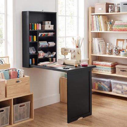 Tangkula Folding Wall Mounted Desk, Convertible Fold Out Floating Table with Storage Shelves, Space-Saving Drop Leaf Table, Murphy Desk for Craft, Study, Small Spaces, Home Office, Dorm, Black - color: Black