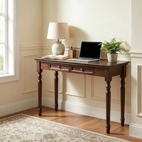 47" Narrow Solid Wood Writing Desk with Drawers, Walnut - color: Walnut, size: Narrow-47 inches