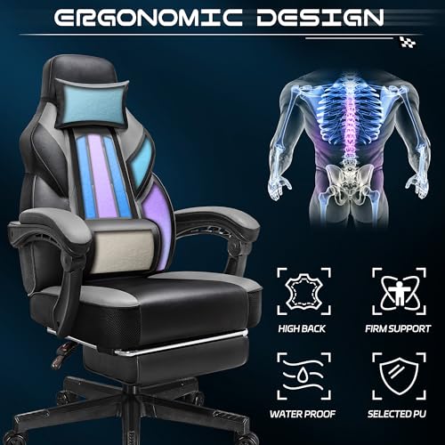 Gaming Chair for Adult, Computer Chair with Footrest Video Game Chair Big and Tall Gaming Chair with Massage Lumbar Support, Adjustable Height and 360° Swivel Seat(Grey) - color: Grey