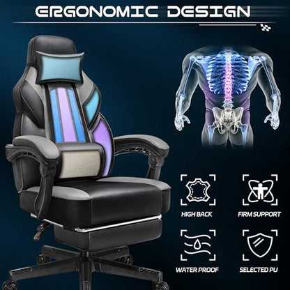Gaming Chair for Adult, Computer Chair with Footrest Video Game Chair Big and Tall Gaming Chair with Massage Lumbar Support, Adjustable Height and 360° Swivel Seat(Grey) - color: Grey