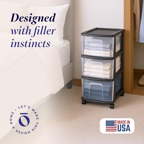 HOMZ Drawer Tower, 3-Tier Storage Cart with Removable Wheels, Black Frame - color: Black, size: 1 Pack