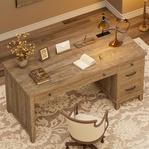 53.5" Farmhouse Home Office Desk with File Cabinet, Wooden Executive Desk with Power Outlet, Work Desk with Drawers, Traditional Wood Desk for Home and Office, Gray - color: Grey