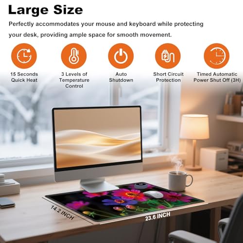 Heated Desk Pad 23.6" x 14.2" 3 Large Heated Mouse Pad with Heat Levels (40°C/45°C/50°C) & 3H Auto Shut-Off Desk Mat Fast Heating PU Leather Warmer Mousepad for Home Office - Floral Flowers - color: Floral Flowers, size: 23.6 x 14.2 inch