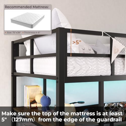 DICTAC Twin Loft Bed with L-Shaped Desk, LED Lights,Charging Station LED Metal Kids Loft Bed Twin Size with 3 Storage Shelves and 3 Fabric Drawers, Safety Guard & Ladder,No Box Spring Needed, Black - color: Black, size: Twin