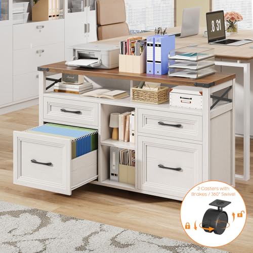 Halitaa Farmhouse Filing Cabinet with Adjustable Shelf & Wheels, Off White - color: Off White, size: 4 Drawers&Wheels