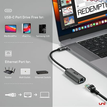 uni USB C to Ethernet Adapter 1Gbps, Driver Free RJ45 to USB C for Laptop - style: Grey-USB C
