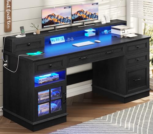 BTHFST 59.1" Executive Desk with File Drawer, Charging Station, Black - color: Black