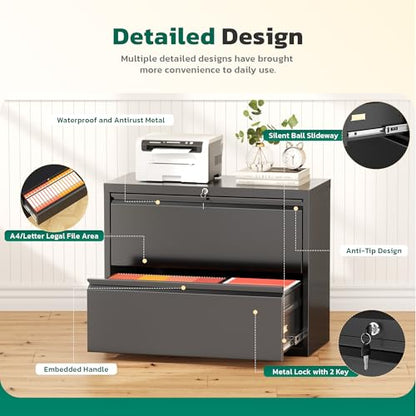 Greenvelly Lateral File Cabinet 2 Drawer, Black File Cabinet with Lock, Lockable Metal Filing Cabinet for Home Office, 2 Drawer File Cabinet for A4 & Letter Size Hanging Folders