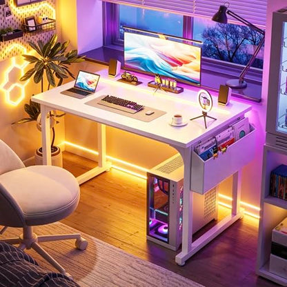 DurayLoly 40" Gaming Desk with Waterproof LED Lights for Bedroom,White - color: White, size: 40 IN