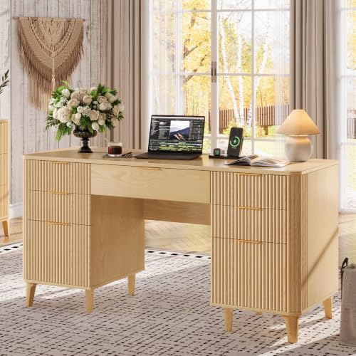 55.1" Fluted Executive Desk with Drawers, Wood Computer Desk with Storage Cabinet, Home Office Desk with Charging Station, Farmhouse Desk with File Cabinet for Office Home (Nature) - color: Nature With 4 Legs