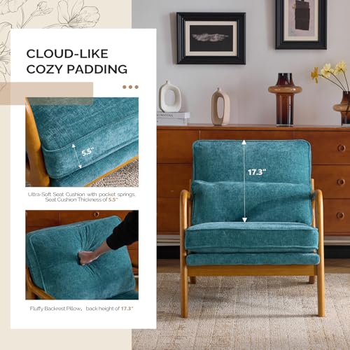 VINGLI Chenille Mid-Century Modern Accent Chair Set of 2, Cute Reading Arm Chair with Cushion & Lumbar Pillow & Solid Wood Frame for Lounge, Living Room, Reading Room, Bedroom, Turquoise - color: Turquoise