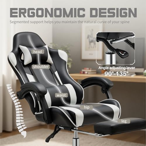 DUMOS Ergonomic Gaming Chair with Footrest, Computer Video Game Chair | Comfy Headrest, Height Adjustable, Linkage Armrests, PU Leather, 360° Swivel Recling, Black White - color: Black White, size: PU Leather 27"D x 25"W x 52"H