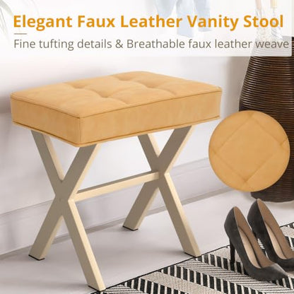 LUE BONA Vanity Stool, Square Linen Makeup Stool with Metal X Legs, Small Ottoman Stool Chair for Vanity, Modern Padded Vanity Seat Foot Rest Stool for Makeup Room, Bathroom, Honey Brown Color - color: Honey Brown