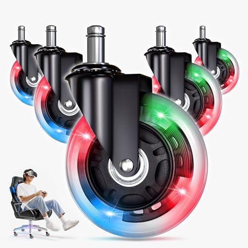 Gaming Office Chair Wheels Replacement — 3″ Heavy Duty Caster Wheels for Desk Chairs, Smooth Rolling Chair Casters, Safe for Hard Floors and Low Carpets, Universal Fit (Set of 5, RGB) - color: Aurora - RGB - 5 pcs