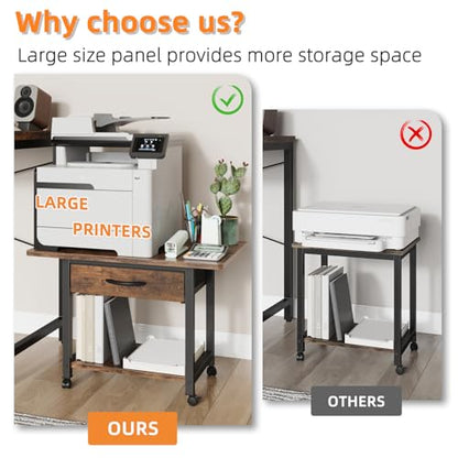 YAOHUOO 22"x15" Large Printer Stand with Drawer, 2-Tier Rolling Table Cart - color: Rustic Brown, size: 2-Tier